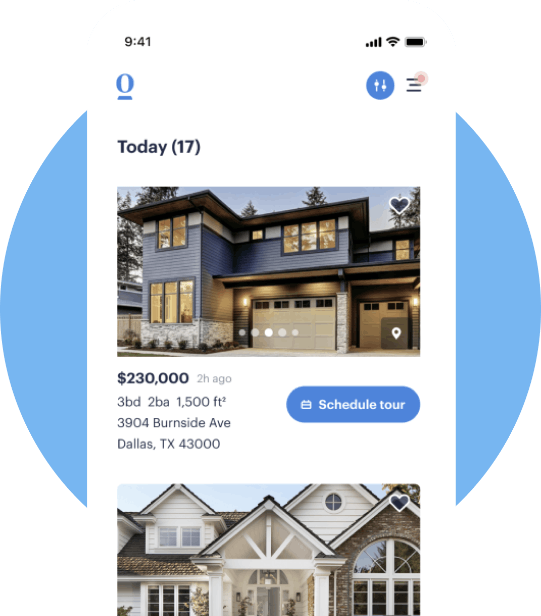 A phone screen with the flatfeehousing app open and showing flatfeehousing homes with options to schedule a tour
